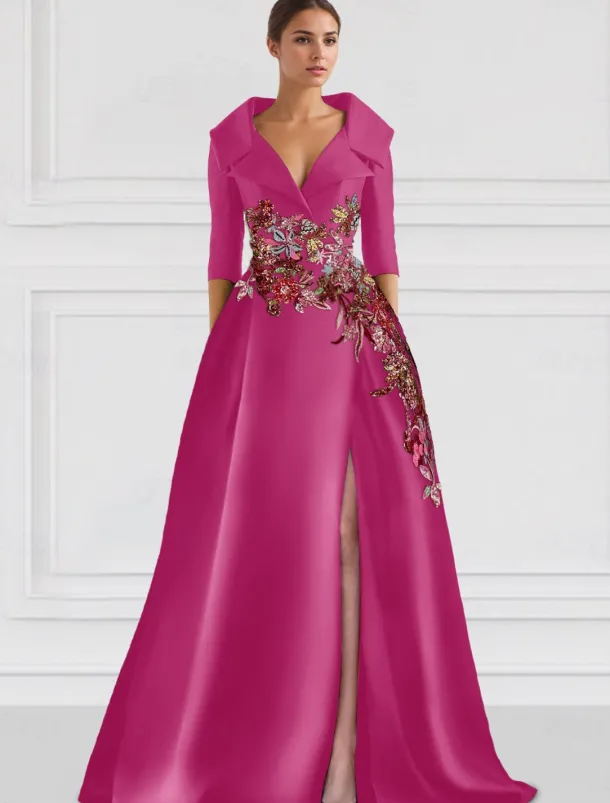 Floral A-Line Evening Gown Embroidered Elegant Dress Formal Wedding Floor Length Half Sleeve Shirt Collar Satin with Slit