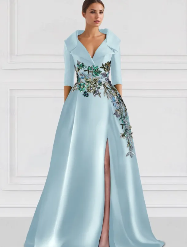 Floral A-Line Evening Gown Embroidered Elegant Dress Formal Wedding Floor Length Half Sleeve Shirt Collar Satin with Slit