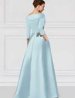 Floral A-Line Evening Gown Embroidered Elegant Dress Formal Wedding Floor Length Half Sleeve Shirt Collar Satin with Slit