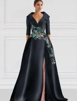Floral A-Line Evening Gown Embroidered Elegant Dress Formal Wedding Floor Length Half Sleeve Shirt Collar Satin with Slit