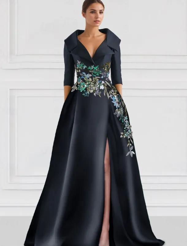 Floral A-Line Evening Gown Embroidered Elegant Dress Formal Wedding Floor Length Half Sleeve Shirt Collar Satin with Slit