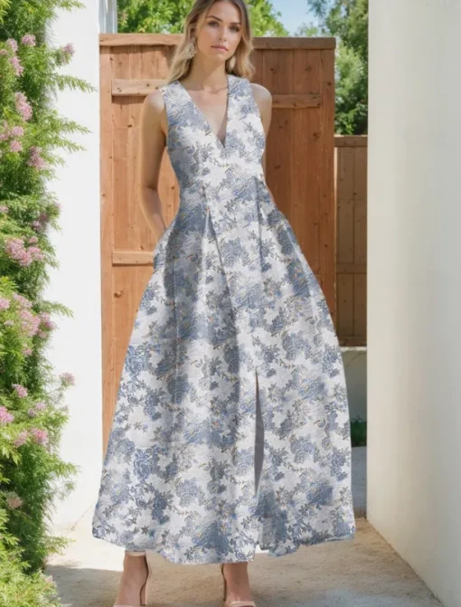 Floral Brocade Jacquard Cocktail Dresses Elegant Dress Formal Semi Forml Wedding Ankle Length Sleeveless V Neck with Slit