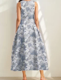Floral Brocade Jacquard Cocktail Dresses Elegant Dress Formal Semi Forml Wedding Ankle Length Sleeveless V Neck with Slit