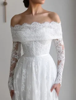 Floral Chantilly Lace Applique Beach Wedding Dress Elegant Off Shoulder Boho Wedding Dresses A-Line Long Sleeve Chapel Train Bridal Gowns Scalloped Hems with Satin Belt 2025