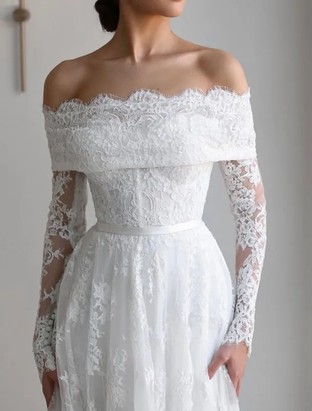 Floral Chantilly Lace Applique Beach Wedding Dress Elegant Off Shoulder Boho Wedding Dresses A-Line Long Sleeve Chapel Train Bridal Gowns Scalloped Hems with Satin Belt 2025