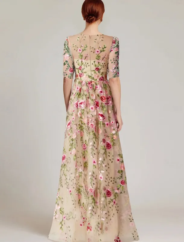 Floral Embroidered A-Line Mother of the Bride Dress Formal Elegant Vintage Illusion Neck Floor Length Tulle Half Sleeve with Appliques Flower