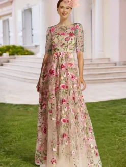Floral Embroidered A-Line Mother of the Bride Dress Formal Elegant Vintage Illusion Neck Floor Length Tulle Half Sleeve with Appliques Flower