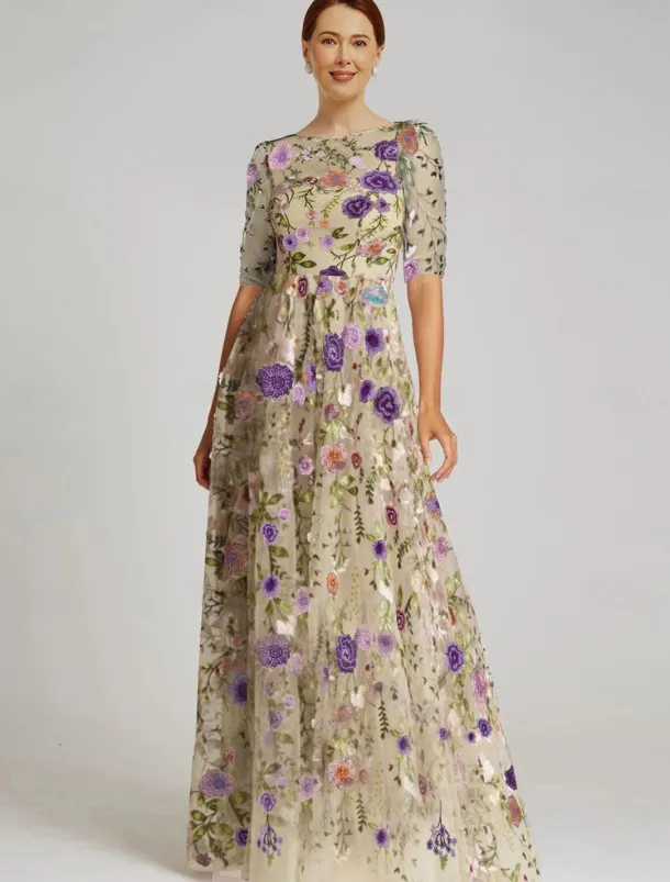 Floral Embroidered A-Line Mother of the Bride Dress Formal Elegant Vintage Illusion Neck Floor Length Tulle Half Sleeve with Appliques Flower