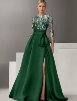 Floral Embroidered A-Line Evening Gown Elegant Dress Formal Wedding Floor Length Half Sleeve Shirt Collar Satin with Bow(s) Slit