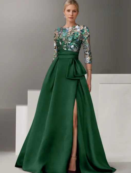 Floral Embroidered A-Line Evening Gown Elegant Dress Formal Wedding Floor Length Half Sleeve Shirt Collar Satin with Bow(s) Slit