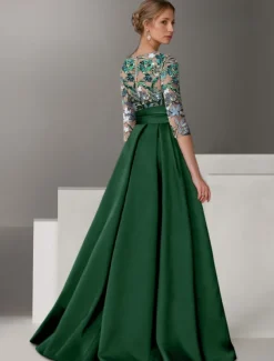 Floral Embroidered A-Line Evening Gown Elegant Dress Formal Wedding Floor Length Half Sleeve Shirt Collar Satin with Bow(s) Slit