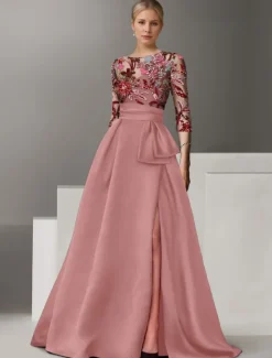 Floral Embroidered A-Line Evening Gown Elegant Dress Formal Wedding Floor Length Half Sleeve Shirt Collar Satin with Bow(s) Slit