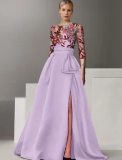 Floral Embroidered A-Line Evening Gown Elegant Dress Formal Wedding Floor Length Half Sleeve Shirt Collar Satin with Bow(s) Slit