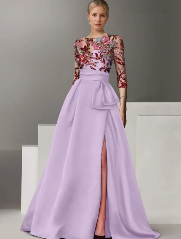Floral Embroidered A-Line Evening Gown Elegant Dress Formal Wedding Floor Length Half Sleeve Shirt Collar Satin with Bow(s) Slit