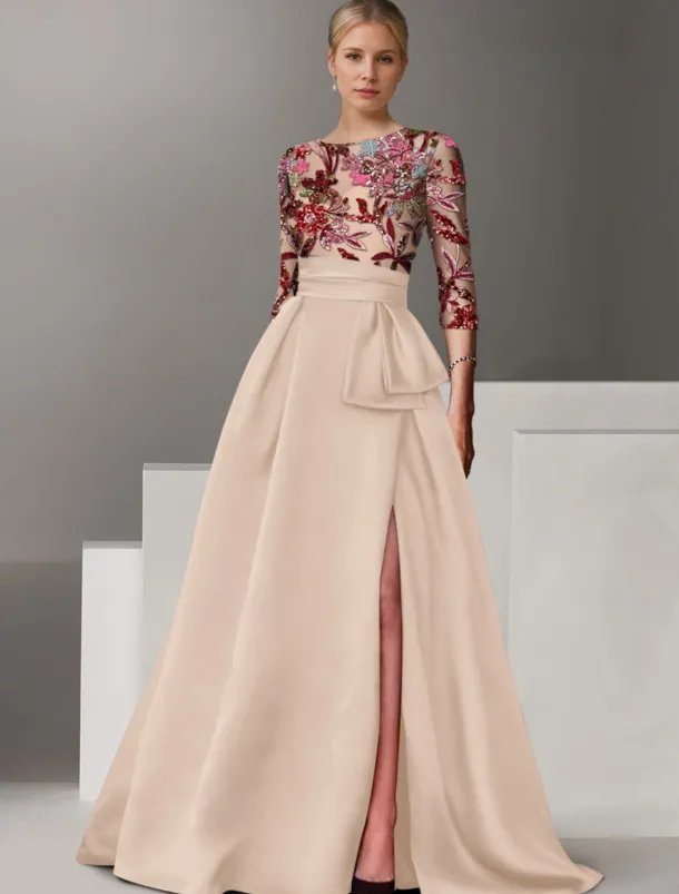 Floral Embroidered A-Line Evening Gown Elegant Dress Formal Wedding Floor Length Half Sleeve Shirt Collar Satin with Bow(s) Slit