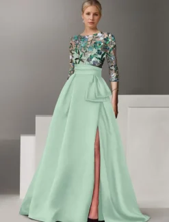 Floral Embroidered A-Line Evening Gown Elegant Dress Formal Wedding Floor Length Half Sleeve Shirt Collar Satin with Bow(s) Slit