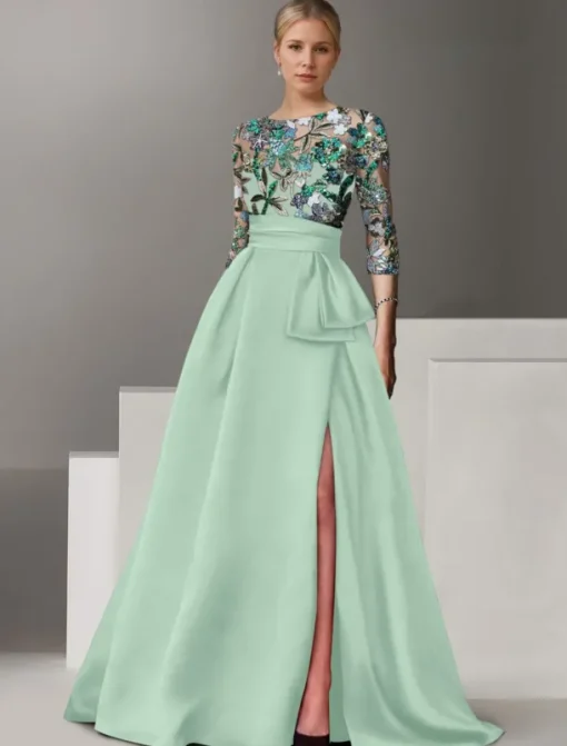 Floral Embroidered A-Line Evening Gown Elegant Dress Formal Wedding Floor Length Half Sleeve Shirt Collar Satin with Bow(s) Slit