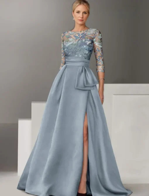 Floral Embroidered A-Line Evening Gown Elegant Dress Formal Wedding Floor Length Half Sleeve Shirt Collar Satin with Bow(s) Slit