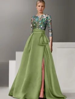 Floral Embroidered A-Line Evening Gown Elegant Dress Formal Wedding Floor Length Half Sleeve Shirt Collar Satin with Bow(s) Slit