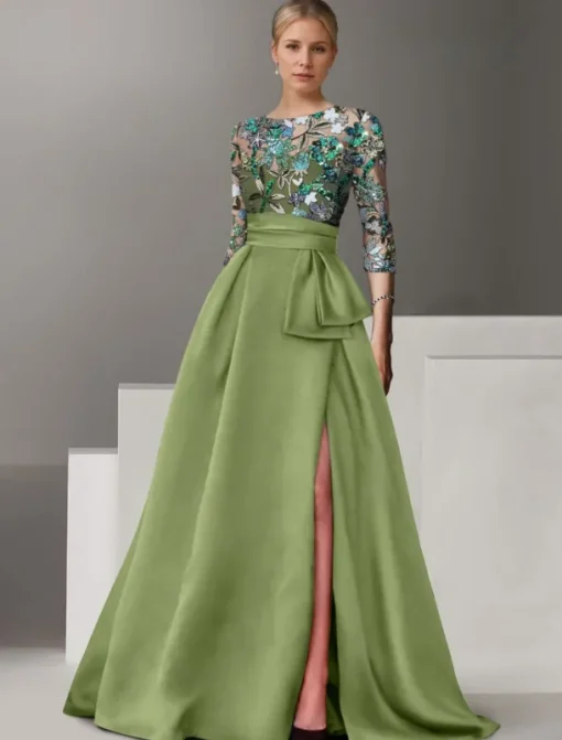 Floral Embroidered A-Line Evening Gown Elegant Dress Formal Wedding Floor Length Half Sleeve Shirt Collar Satin with Bow(s) Slit