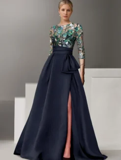 Floral Embroidered A-Line Evening Gown Elegant Dress Formal Wedding Floor Length Half Sleeve Shirt Collar Satin with Bow(s) Slit