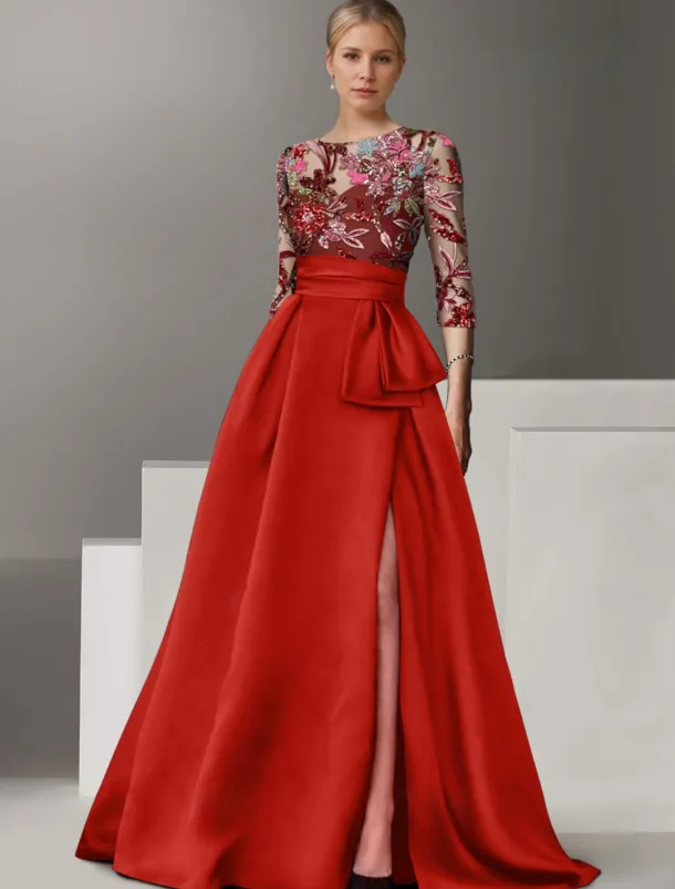 Floral Embroidered A-Line Evening Gown Elegant Dress Formal Wedding Floor Length Half Sleeve Shirt Collar Satin with Bow(s) Slit