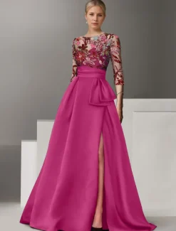 Floral Embroidered A-Line Evening Gown Elegant Dress Formal Wedding Floor Length Half Sleeve Shirt Collar Satin with Bow(s) Slit