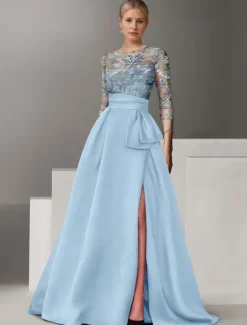 Floral Embroidered A-Line Evening Gown Elegant Dress Formal Wedding Floor Length Half Sleeve Shirt Collar Satin with Bow(s) Slit
