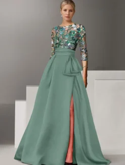 Floral Embroidered A-Line Evening Gown Elegant Dress Formal Wedding Floor Length Half Sleeve Shirt Collar Satin with Bow(s) Slit