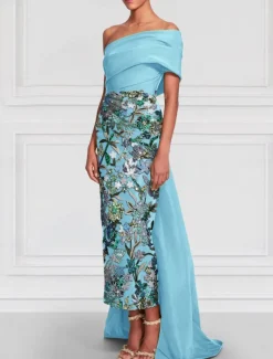 Floral Embroidered Column Evening Gown Elegant Dress Formal Wedding Floor Length Short Sleeve Off Shoulder Satin with Slit