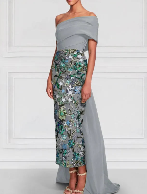 Floral Embroidered Column Evening Gown Elegant Dress Formal Wedding Floor Length Short Sleeve Off Shoulder Satin with Slit
