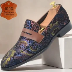 Floral Embroidered Men's Dress Loafers - Exotic Printed Leather Shoes with Contrasting Strap