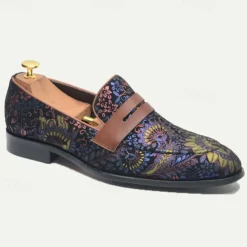 Floral Embroidered Men's Dress Loafers - Exotic Printed Leather Shoes with Contrasting Strap