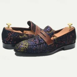 Floral Embroidered Men's Dress Loafers - Exotic Printed Leather Shoes with Contrasting Strap