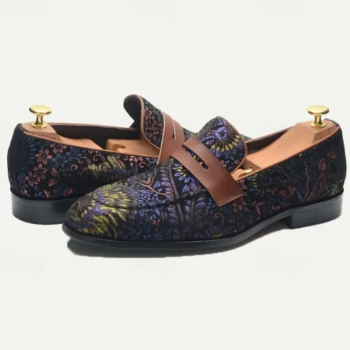 Floral Embroidered Men's Dress Loafers - Exotic Printed Leather Shoes with Contrasting Strap