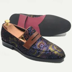 Floral Embroidered Men's Dress Loafers - Exotic Printed Leather Shoes with Contrasting Strap