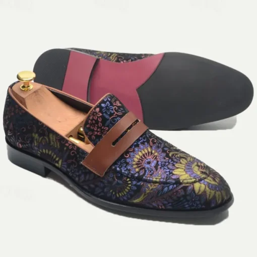 Floral Embroidered Men's Dress Loafers - Exotic Printed Leather Shoes with Contrasting Strap