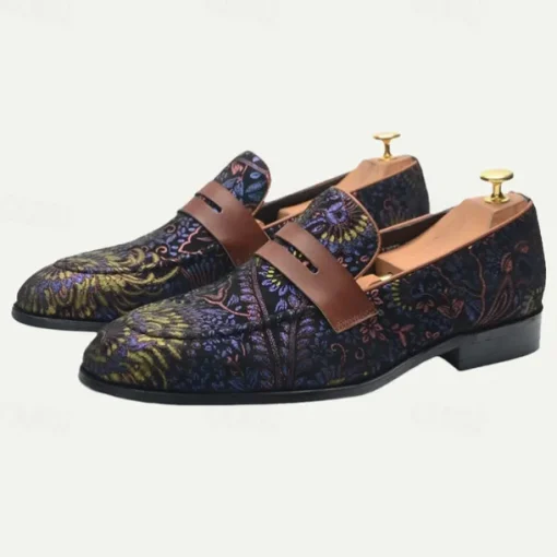Floral Embroidered Men's Dress Loafers - Exotic Printed Leather Shoes with Contrasting Strap