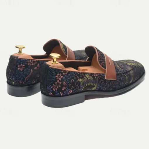Floral Embroidered Men's Dress Loafers - Exotic Printed Leather Shoes with Contrasting Strap