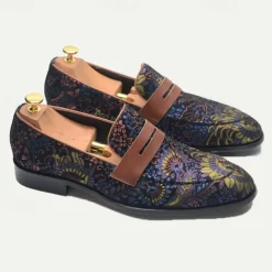 Floral Embroidered Men's Dress Loafers - Exotic Printed Leather Shoes with Contrasting Strap