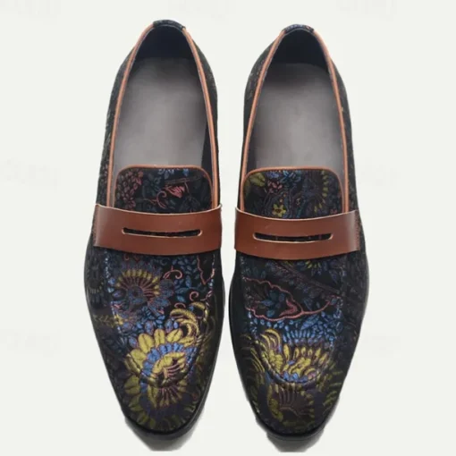 Floral Embroidered Men's Dress Loafers - Exotic Printed Leather Shoes with Contrasting Strap