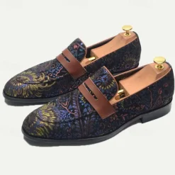 Floral Embroidered Men's Dress Loafers - Exotic Printed Leather Shoes with Contrasting Strap