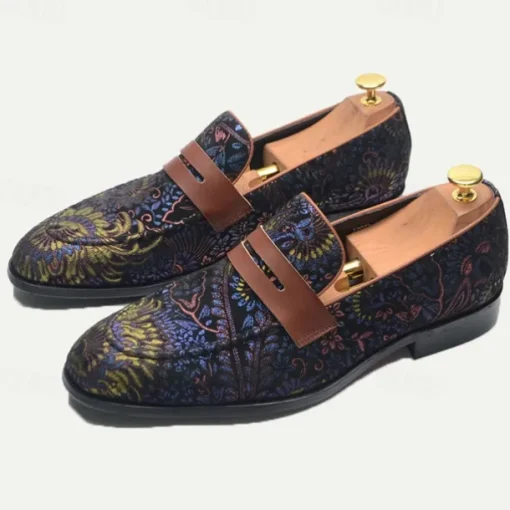 Floral Embroidered Men's Dress Loafers - Exotic Printed Leather Shoes with Contrasting Strap