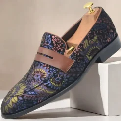 Floral Embroidered Men's Dress Loafers - Exotic Printed Leather Shoes with Contrasting Strap