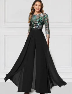 Floral Jumpsuit Embroidered Mother of the Bride Formal Wedding Elegant Vintage Illusion Neck Floor Length Chiffon Half Sleeve with Sequin Race Day Dress
