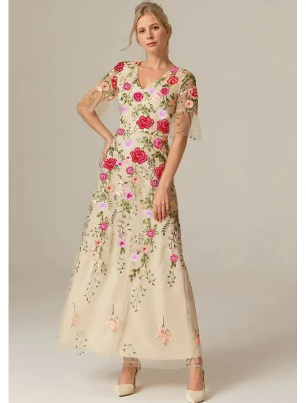 Floral Lace A-Line Embroidered Dress Beach Wedding Formal Mother of the Bride Elegant Vintage V Neck Ankle Length Tulle Short Sleeve with Appliques Flower