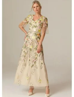 Floral Lace A-Line Embroidered Dress Beach Wedding Formal Mother of the Bride Elegant Vintage V Neck Ankle Length Tulle Short Sleeve with Appliques Flower