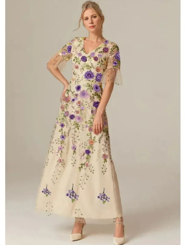 Floral Lace A-Line Embroidered Dress Beach Wedding Formal Mother of the Bride Elegant Vintage V Neck Ankle Length Tulle Short Sleeve with Appliques Flower