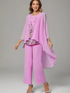 Floral Lace Pantsuit 3 Piece Mother of the Bride Wedding Embroidered Chiffon Long Sleeve Elegant Jewel Neck Floor Length Wrap