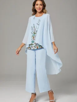 Floral Lace Pantsuit 3 Piece Mother of the Bride Wedding Embroidered Chiffon Long Sleeve Elegant Jewel Neck Floor Length Wrap
